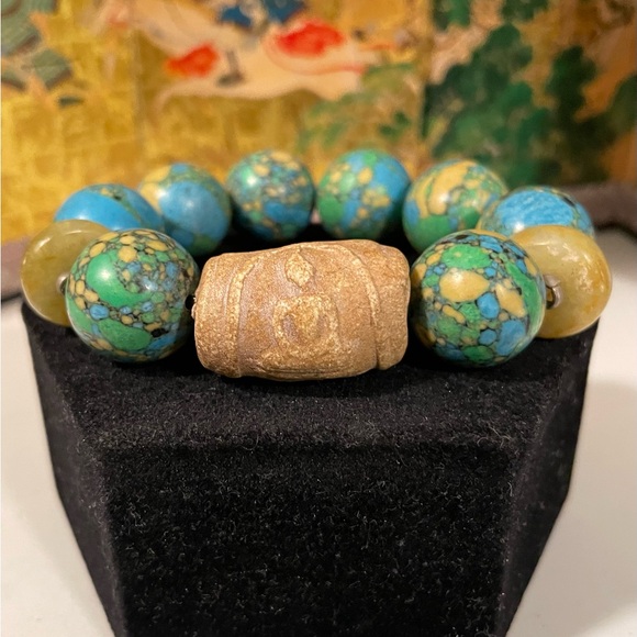 Thai Temple Buddhist Amulet and Turquoise Bead Bracelet